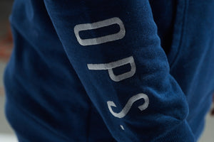 OPS. Navy Blue Hoodie with white embroidery on the right sleeve